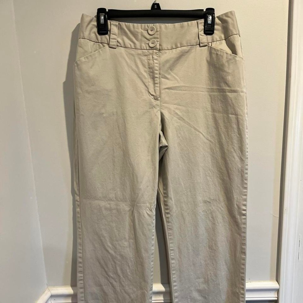 Talbots Stretch Khaki Pants Women Size 12 Beige‎ Cotton Straight Flat Front